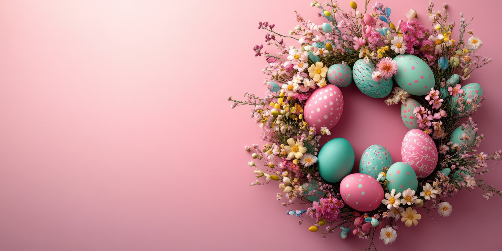 Colorful Easter wreath with decorated eggs and spring flowers on a soft pink background